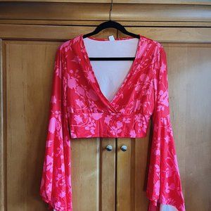 Women's V Neck Long Bell Sleeve Wrap Shirt